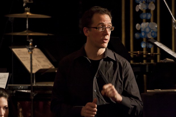 Percussionist Greg Beyer during the post-performance discussion